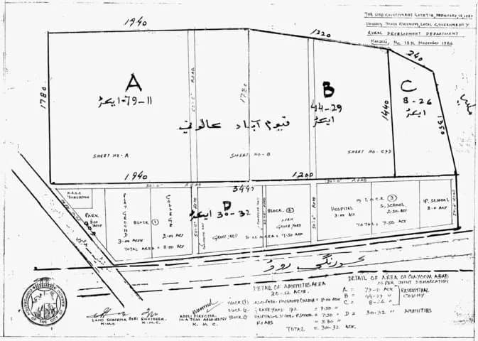 Map of Qayyumabad divided into Areas A-D